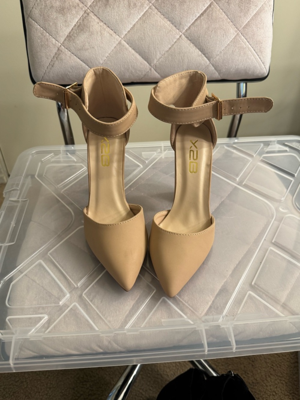 X2 Beige Pointed-Toe Ankle-Strap Heels